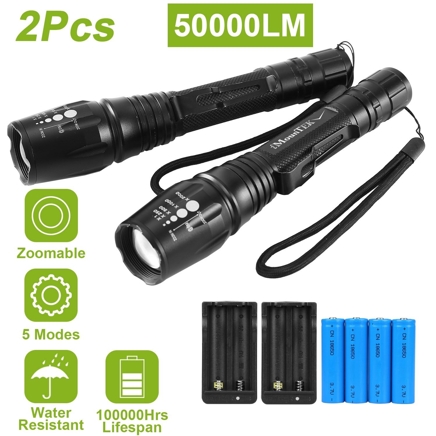 2Packs Tactical Military LED Flashlight 50000LM Zoomable Rechargeable Flashlight Torch w/ 5Modes SOS Night Light 2Packs Tactical Military LED Flashlight 50000LM Zoomable Rechargeable Flashlight Torch w/ 5Modes SOS Night Light