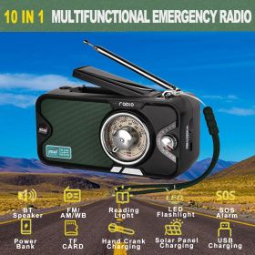 3600mAh Emergency Crank &NOAA Weather Radio; Hand Crank/Solar/USB Charging; Portable Radio With (AM FM /WB); Radio With Other Function For BT Speaker (Color: Black)