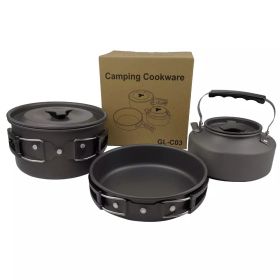 3pcs/set Lightweight Outdoor Cooking Utensils Kit Portable Camping Pot Pan Kettle Soup Wok Pot Cookware Set (Color: Black)